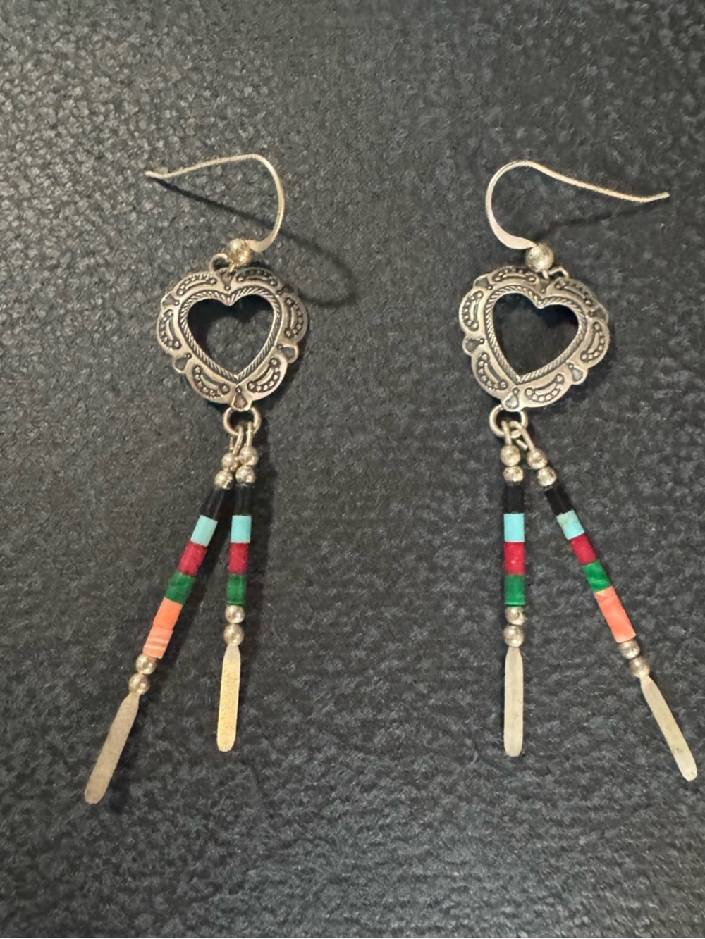 Sterling Silver Heart Dangle Earrings with Multicolor Beads - Marked QT 925